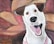A painting of a white dog with brown ears and eyes, displaying a playful expression and tongue out against a reddish-brown abstract background.