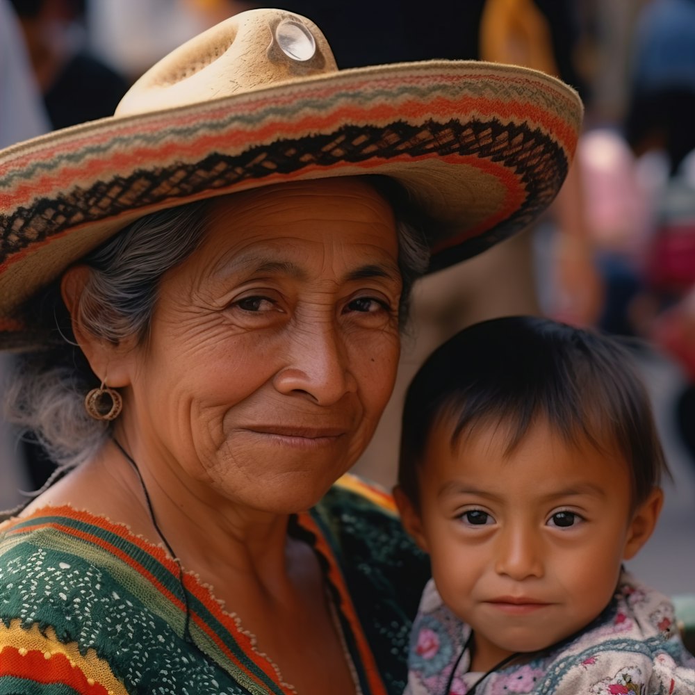a woman with a child wearing a sombrero
