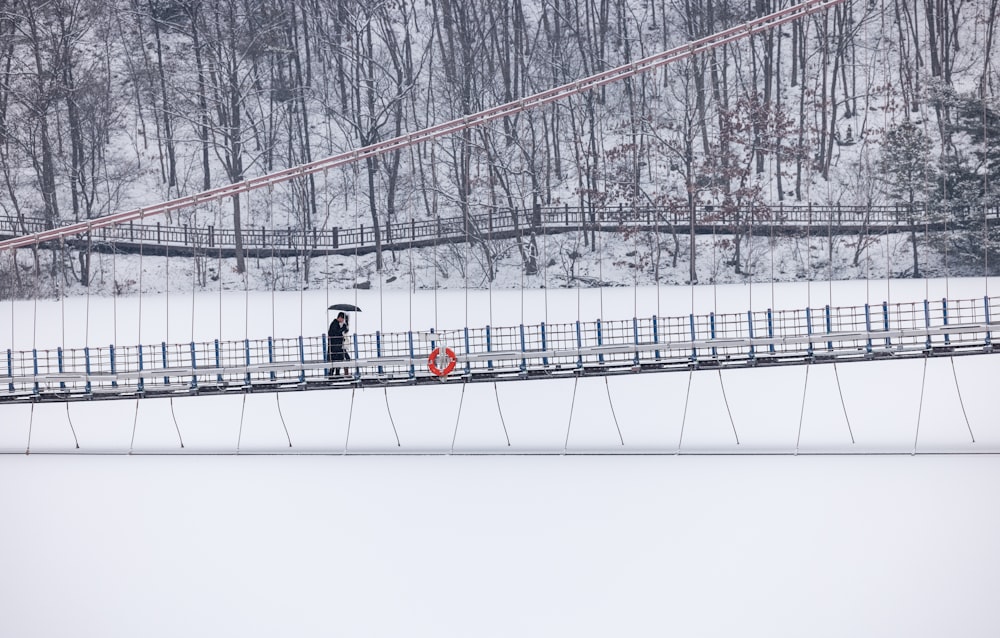 two people walking across a bridge in the snow