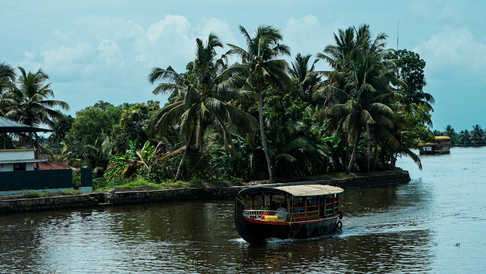 a boat traveling down a river with palm trees in the background