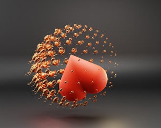 A large red heart shape is at the center surrounded by tiny golden figures resembling running bulls, dynamically arranged around the heart in a spiral pattern on a dark, muted background.