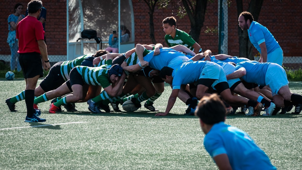 a group of young men playing a game of soccer