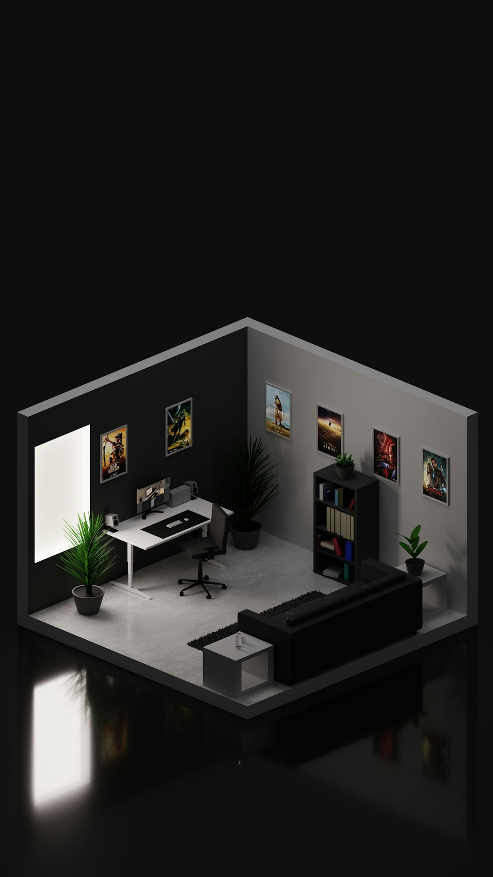 a black and white room with a couch and a desk