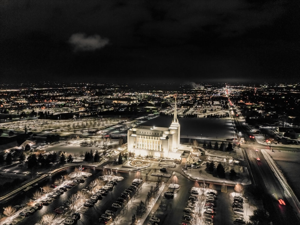 an aerial view of a city at night