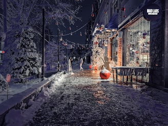 A warmly lit section of the trail decorated by a local boutique with elegant classic colors glowing softly against the snowy backdrop.