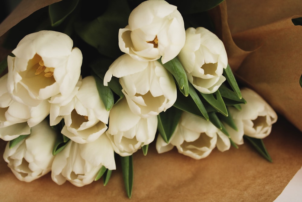 a bunch of white flowers sitting on top of a brown paper bag
