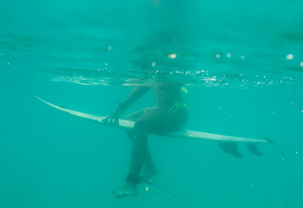 a person in a wet suit holding a surfboard under the water