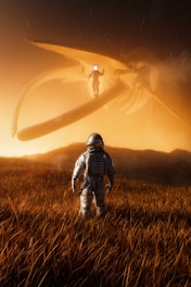 A lone astronaut stands in a field of tall, golden grass beneath a large, mysterious alien creature hovering above. The scene is bathed in warm, orange light, creating an atmospheric and surreal environment.
