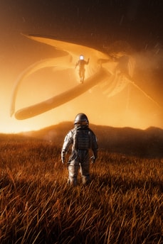 A lone astronaut stands in a field of tall, golden grass beneath a large, mysterious alien creature hovering above. The scene is bathed in warm, orange light, creating an atmospheric and surreal environment.