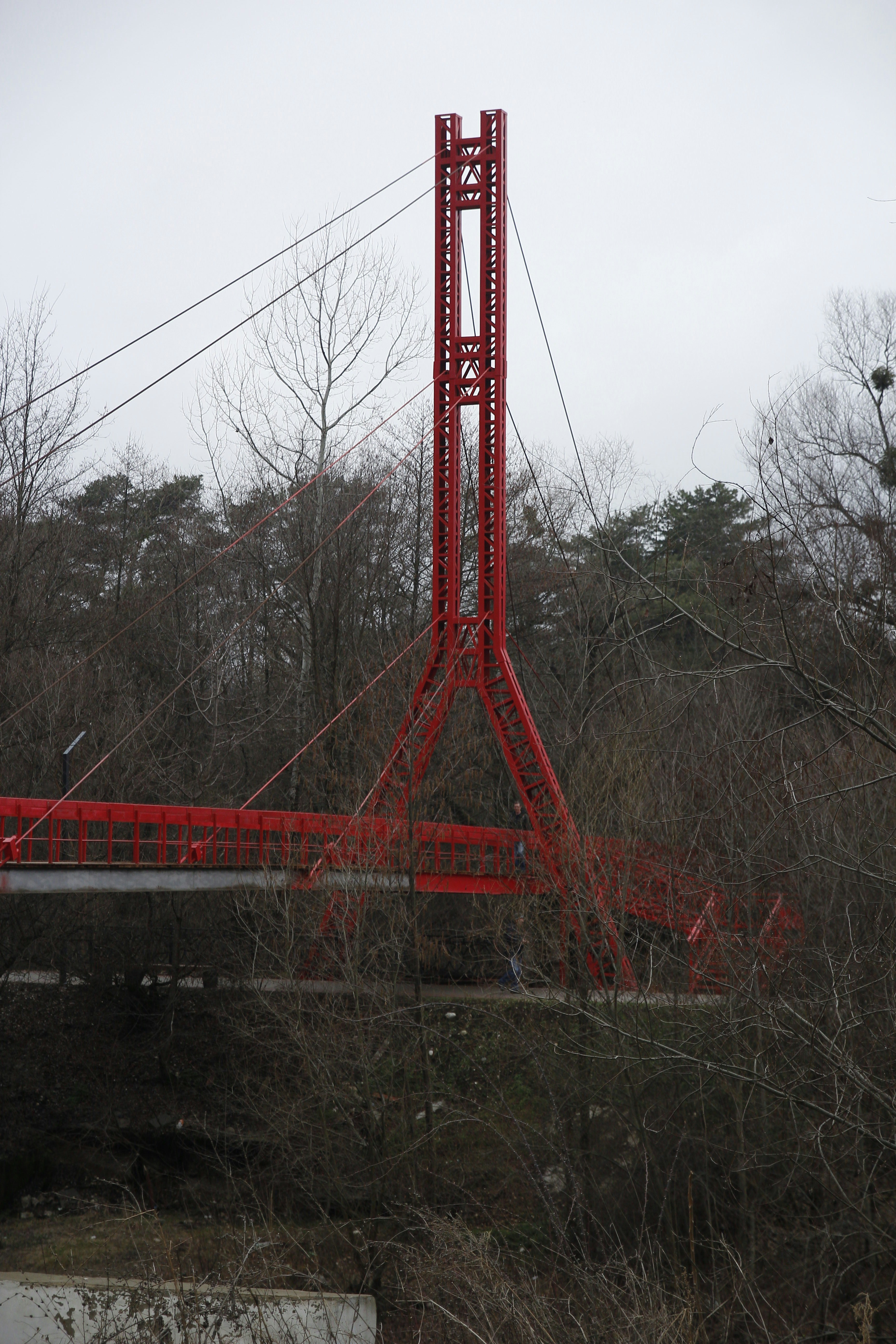 a tall red bridge over a river next to a forest