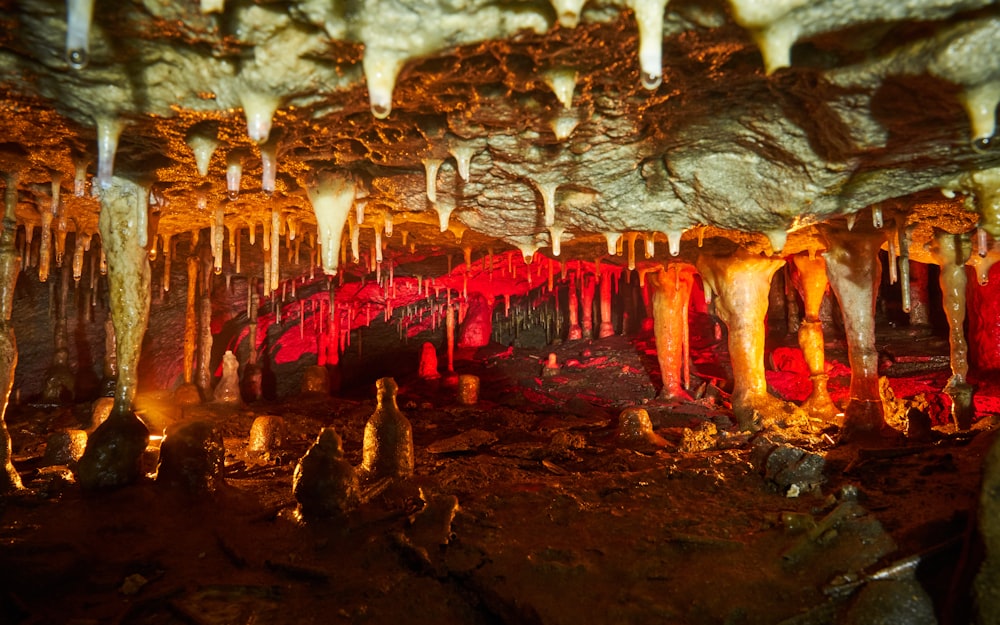 a group of people standing inside of a cave