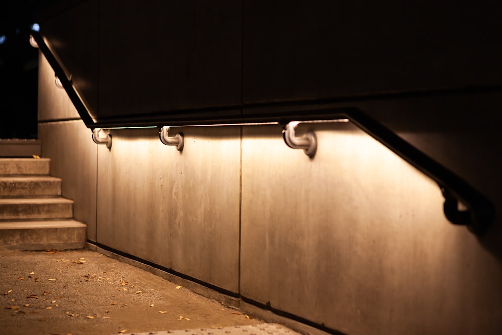 a close up of a set of stairs at night