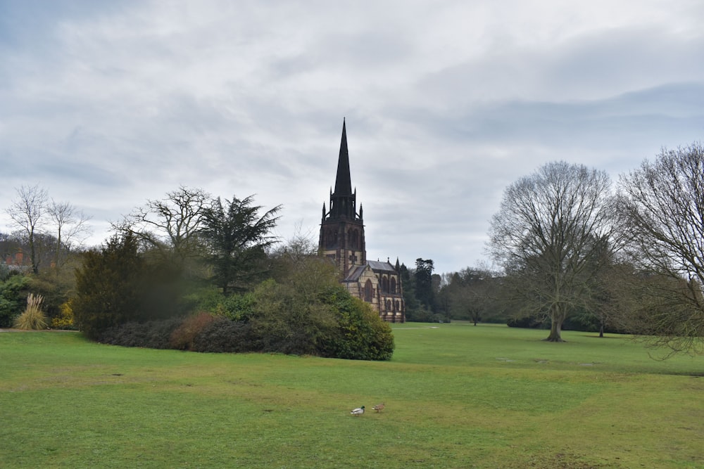 a church in the middle of a green field