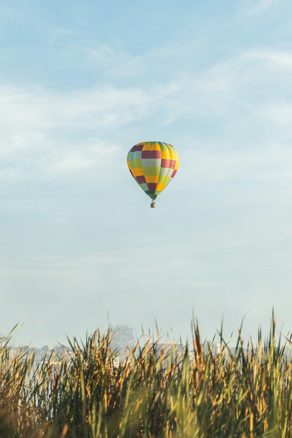 a hot air balloon flying over a field of tall grass