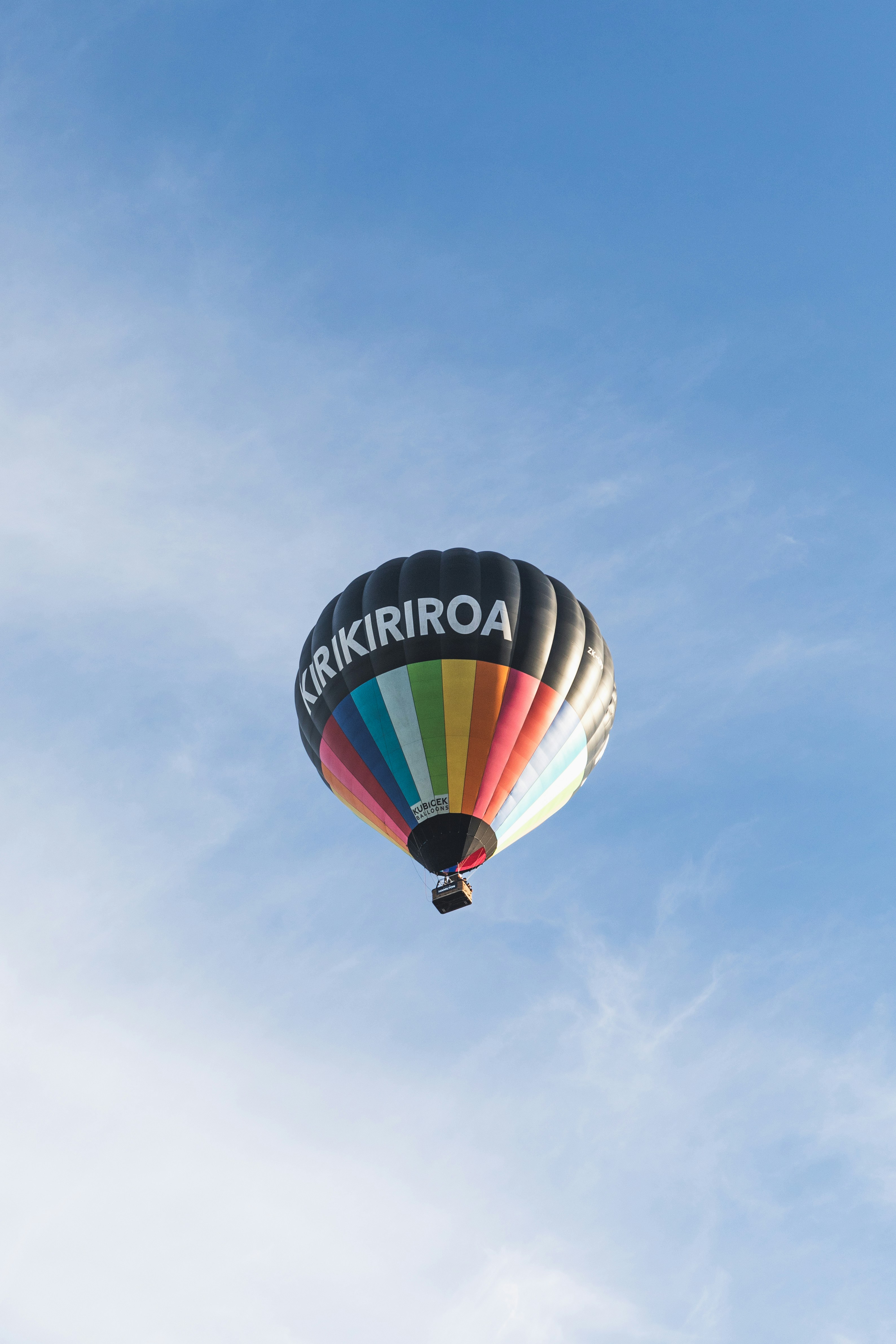 A colorful hot air balloon flying through a blue sky photo – Free New ...