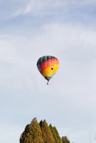 A colorful hot air balloon floating above patchwork fields on a clear day.