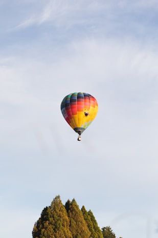 A colorful hot air balloon floating peacefully above patchwork fields at dawn.