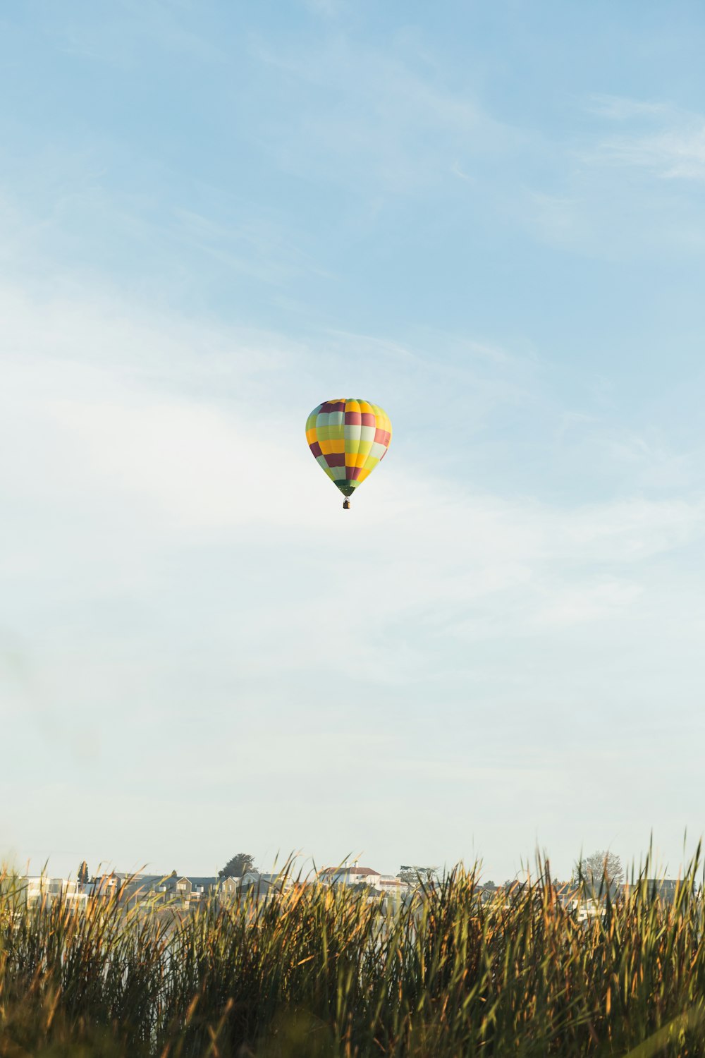 une montgolfière survolant un champ d’herbes hautes