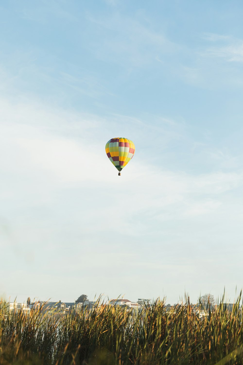 a hot air balloon flying over a field of tall grass