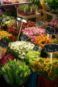 A vibrant array of flowers in a market setting, featuring bouquets of various colors such as red, pink, white, orange, and green. Each bouquet is placed in a bucket and labeled with price tags in Euros, indicating a busy and colorful floral stall.