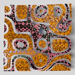 An abstract three-dimensional pattern features organic, wavy shapes with a glossy texture. The design includes interlocking forms in hues of orange, pink, and green with shiny highlights, resembling a biomorphic structure. The surface has a carved appearance with depressions and elevations, casting subtle shadows.