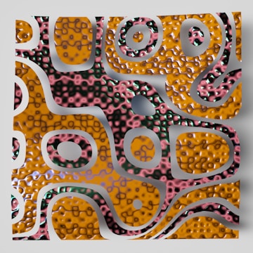 An abstract three-dimensional pattern features organic, wavy shapes with a glossy texture. The design includes interlocking forms in hues of orange, pink, and green with shiny highlights, resembling a biomorphic structure. The surface has a carved appearance with depressions and elevations, casting subtle shadows.