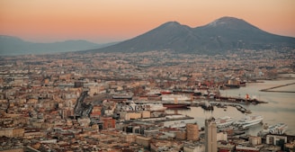 a view of a city with a mountain in the background