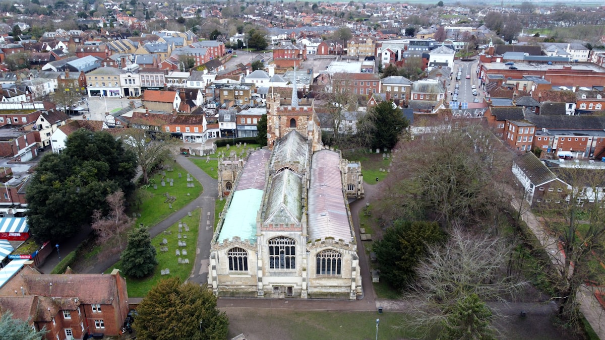 Aerial view of the historic town centre and church in Hitchin, North Hertfordshire