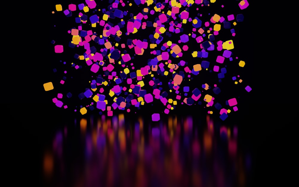 a black background with a lot of purple and yellow squares