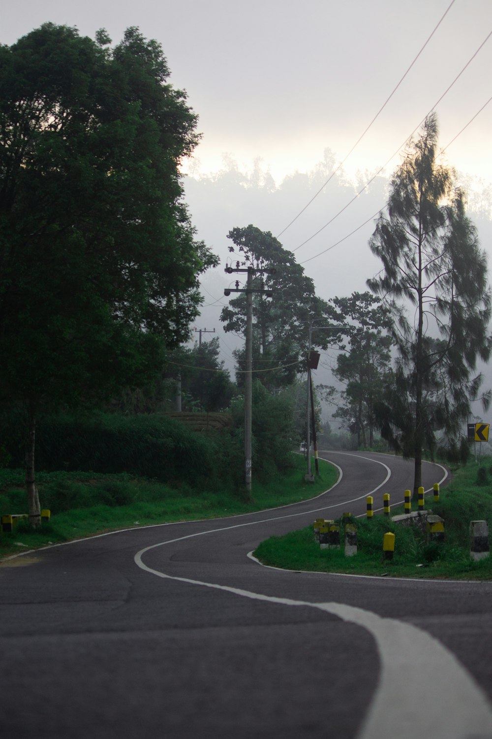 a curve in the road with power lines above it