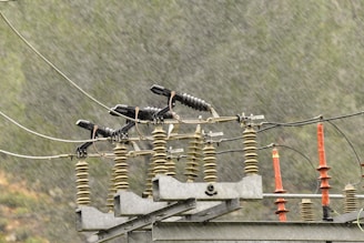 A power line component featuring insulators and cables is set against a backdrop of rain. The rain creates a blurred effect, suggesting a stormy or wet weather condition. The insulators are primarily cylindrical and aligned horizontally, while metal components connect them.