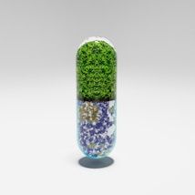 A transparent capsule containing densely packed green foliage in the upper half and a mix of earthy textures resembling rock or soil in the lower half. The capsule stands upright against a plain, light background, casting a shadow on the surface.