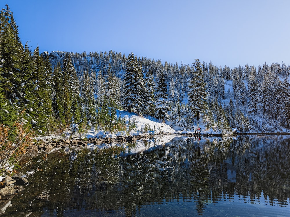 a lake surrounded by snow covered mountains and trees