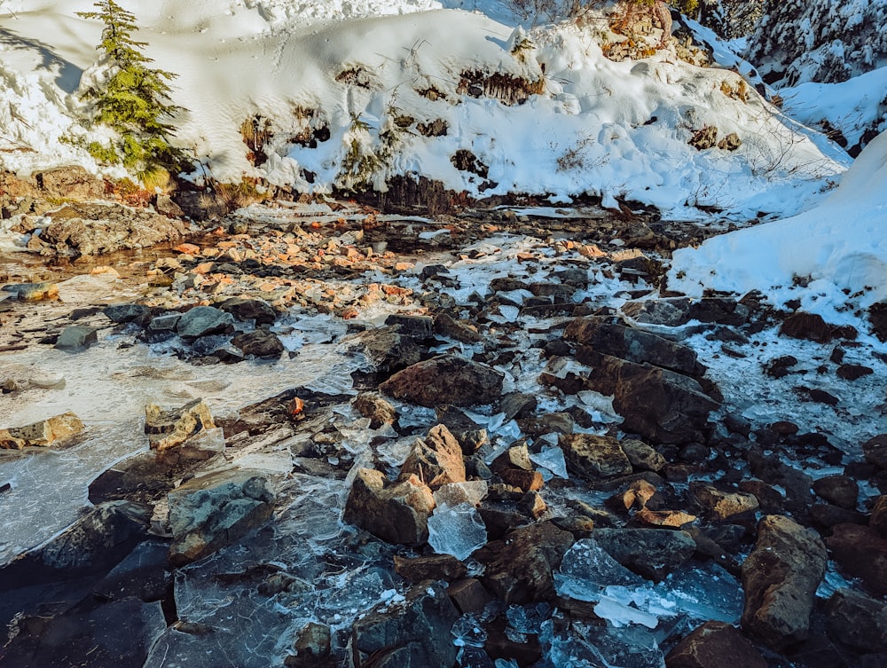 a snowy mountain with rocks and snow on the ground