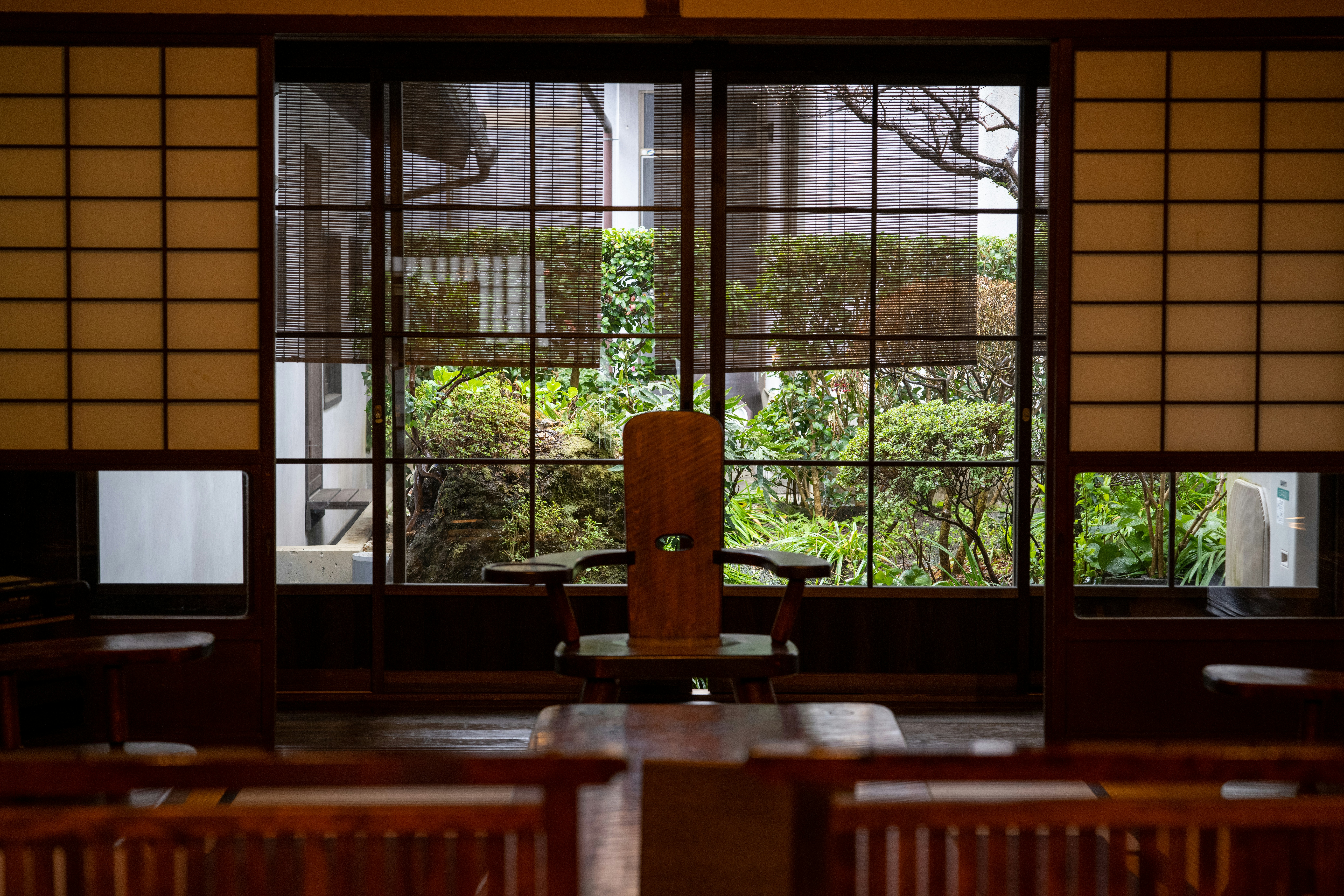 Japanese restaurant interior with chairs and table