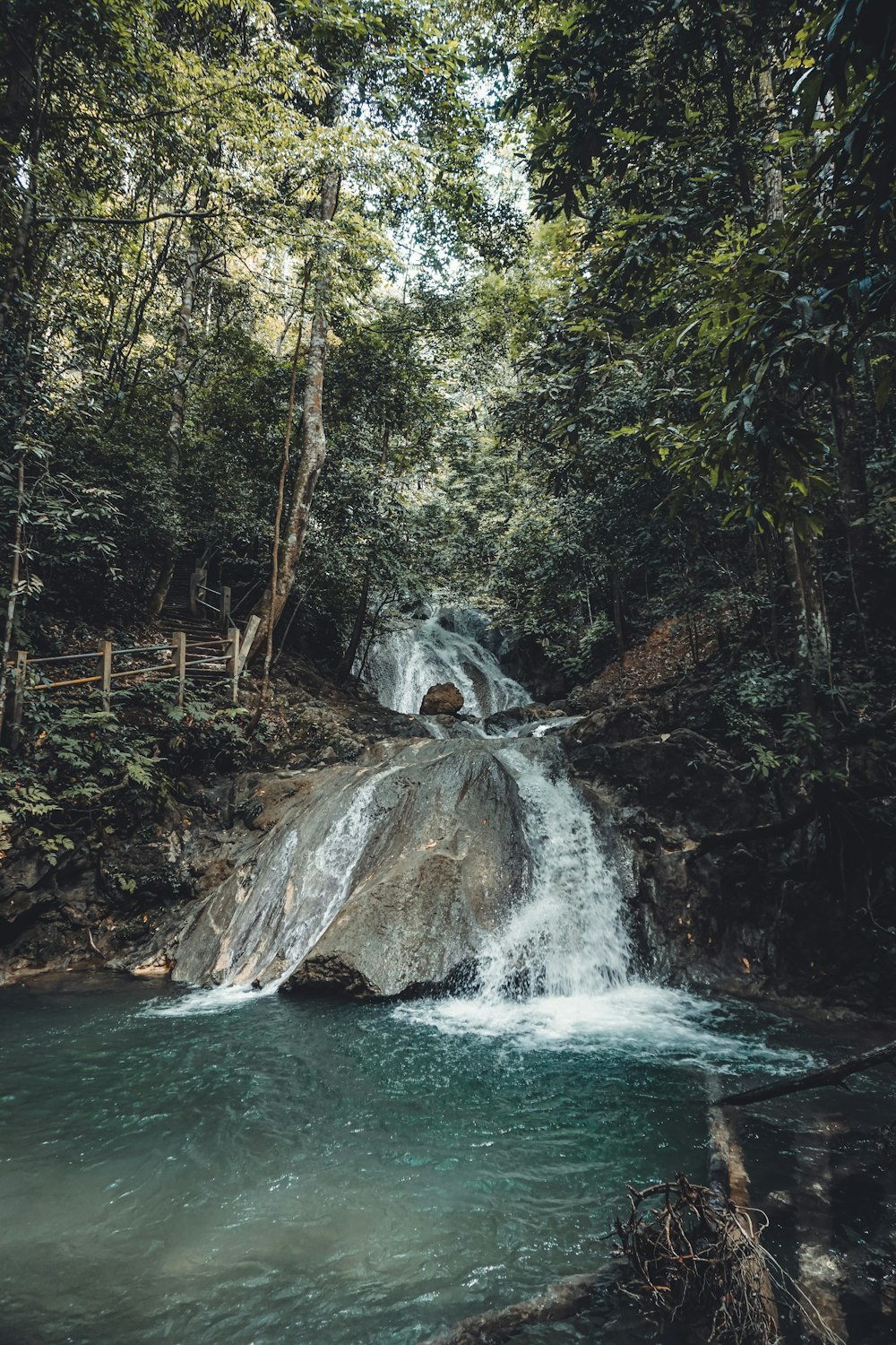 a small waterfall in the middle of a forest