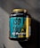 A large black container of ISO TOUCH pure isolate protein with a black and teal label, featuring bold text and nutritional information. The label includes details such as '100% Ultra-Filtrated', 'ISO PURE ISOLATE PROTEIN', and quantities of protein, BCAA, and glutamine. The container has a yellow cap and is placed on a dark textured surface with a striped pattern.
