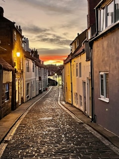 A serene cobblestone street in Amsterdam's Jordaan district, bathed in soft golden light at sunset.