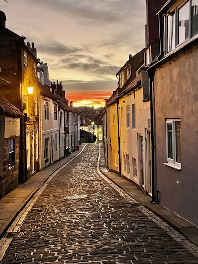 A serene cobblestone street in Amsterdam's Jordaan district, bathed in soft golden light at sunset.