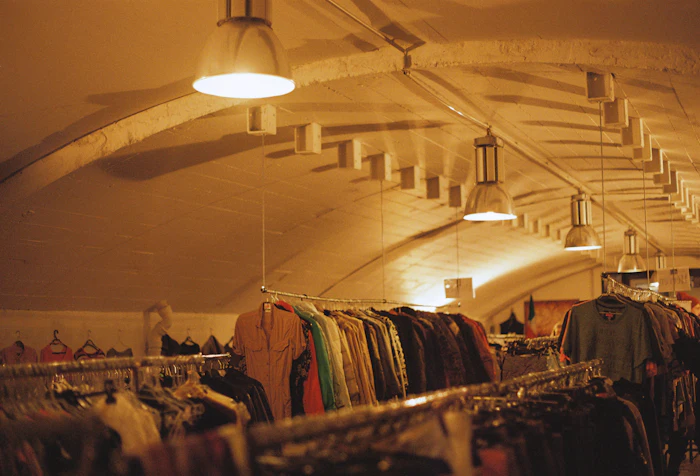 A store filled with clothes and warm lights