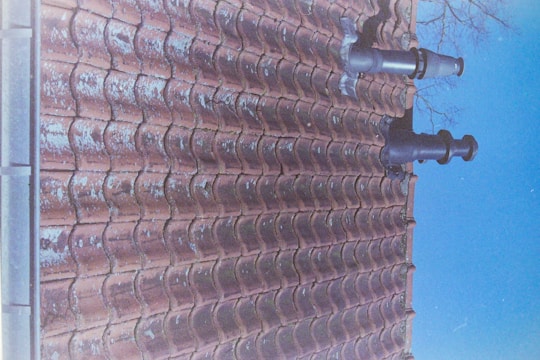 A tiled roof with visible signs of weathering, featuring two prominent chimneys. The sky is clear, and a bare tree branch is visible in the corner.