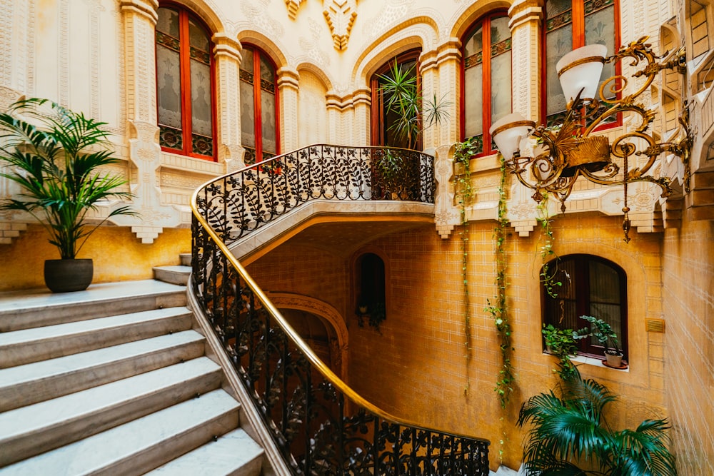 a staircase leading up to a large building