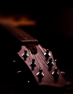 Close-up of guitar strings and tuning pegs with walnut-brown wood grain background.