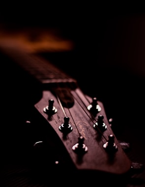 A close-up view of a guitar headstock, featuring tuning pegs and strings, with a dark background highlighting the wood texture.