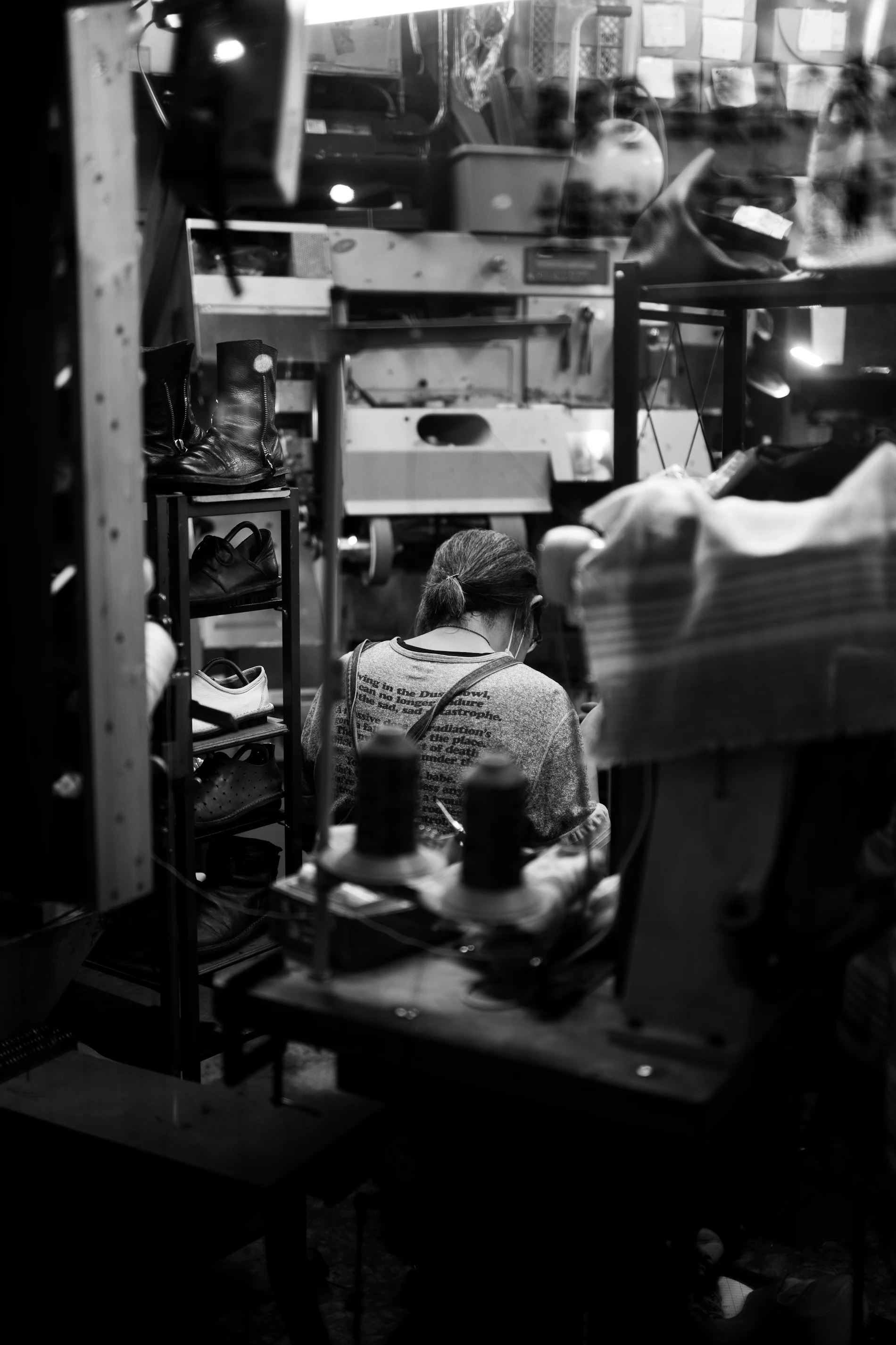 An operator at a stitching machine
