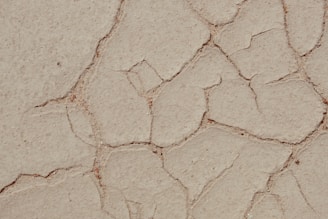 A close-up view of cracked, dry earth showing a pattern of irregular fissures and a predominantly dusty, beige surface.