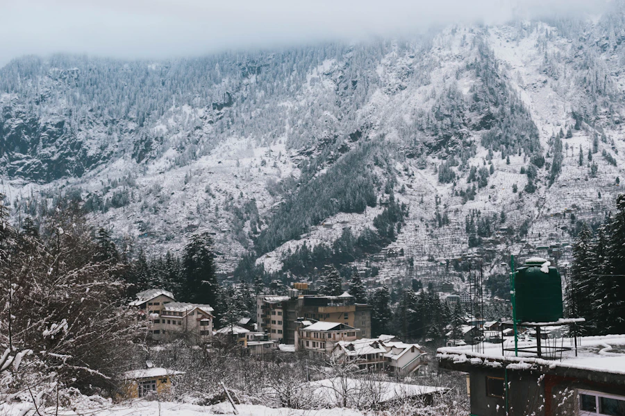 Snow-covered hill town near Manali