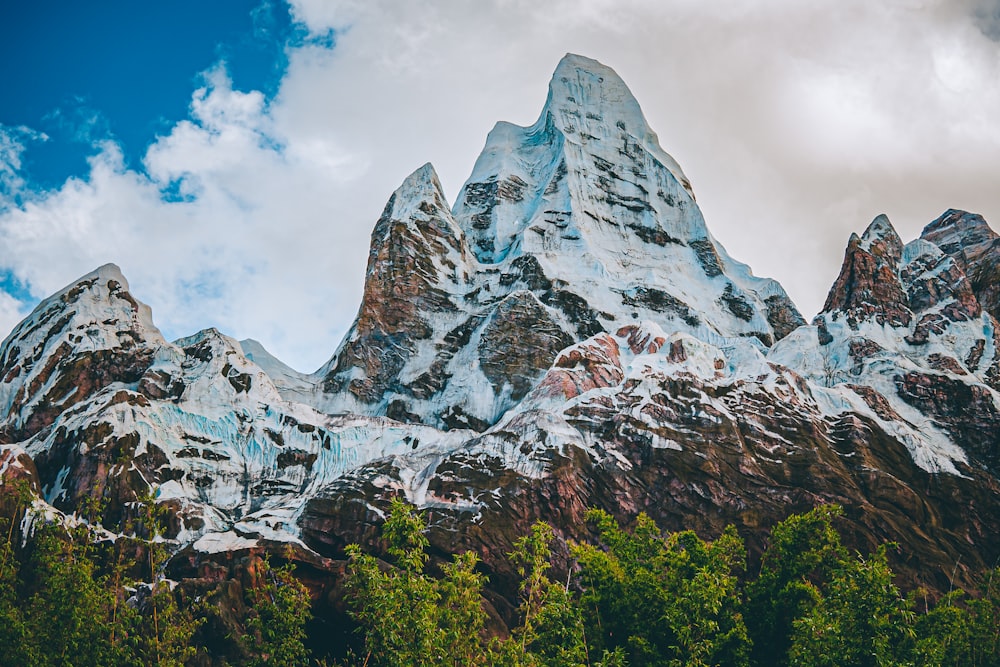 a mountain covered in snow surrounded by trees