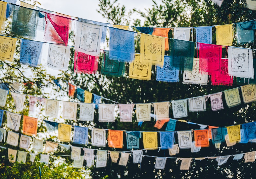 a group of colorful flags hanging from a tree