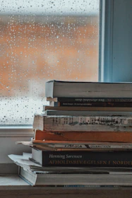 A cozy corner with soft cushions and a stack of books beside a window showing gentle rain outside.